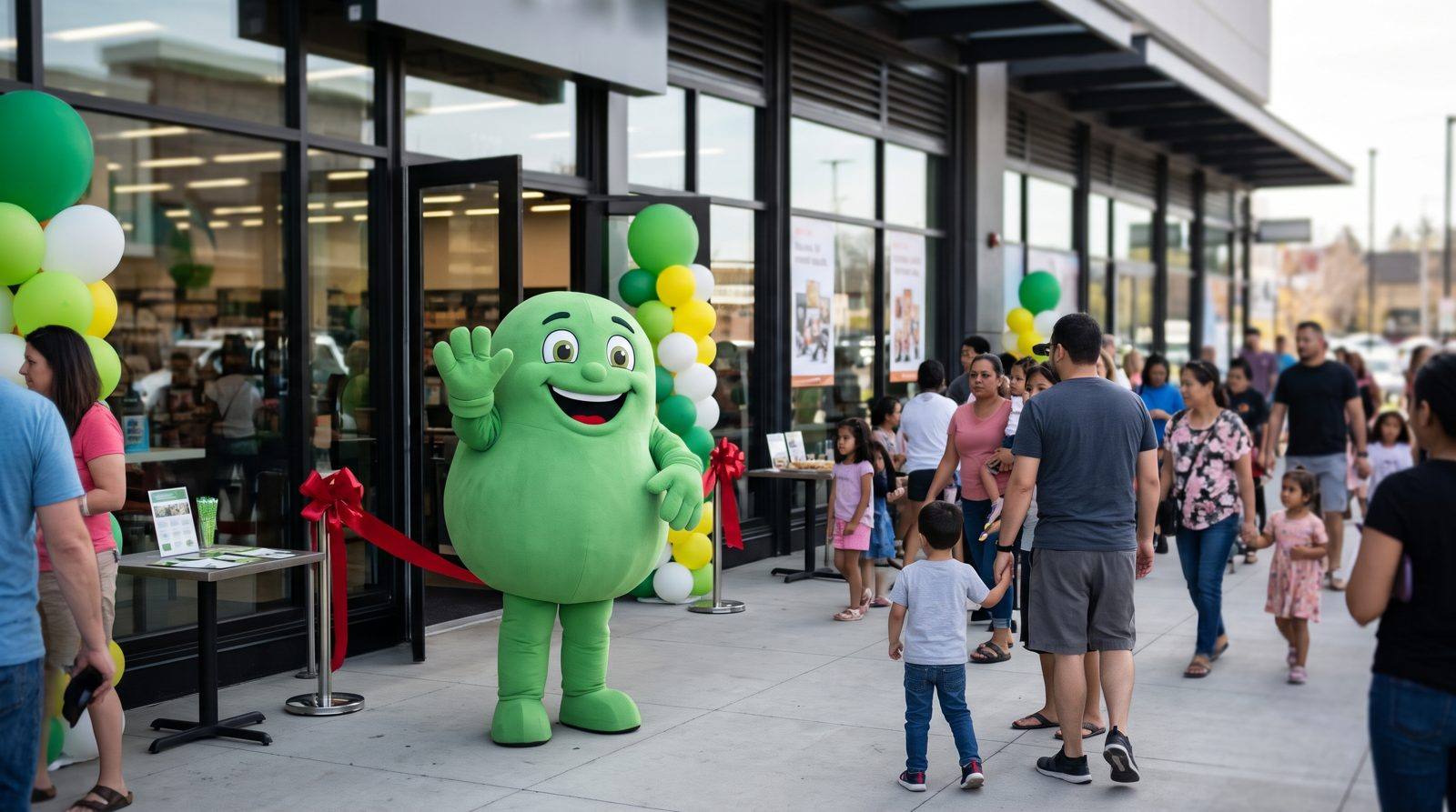 Blue monster mascot costume outside a storefront with a crowd