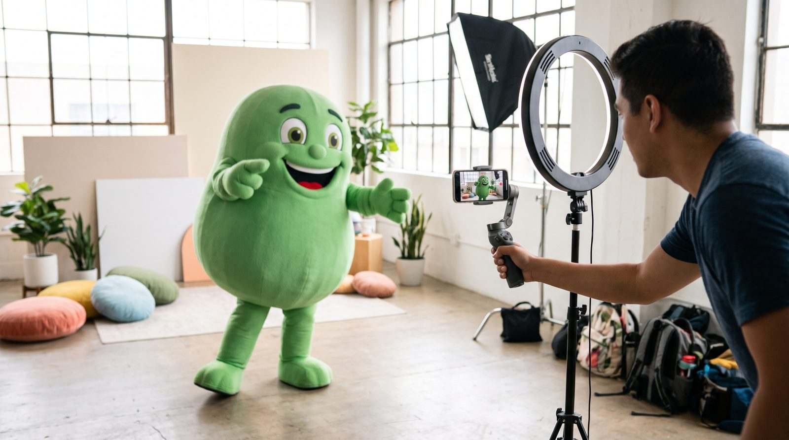 Blue monster mascot costume posing with a person holding a phone