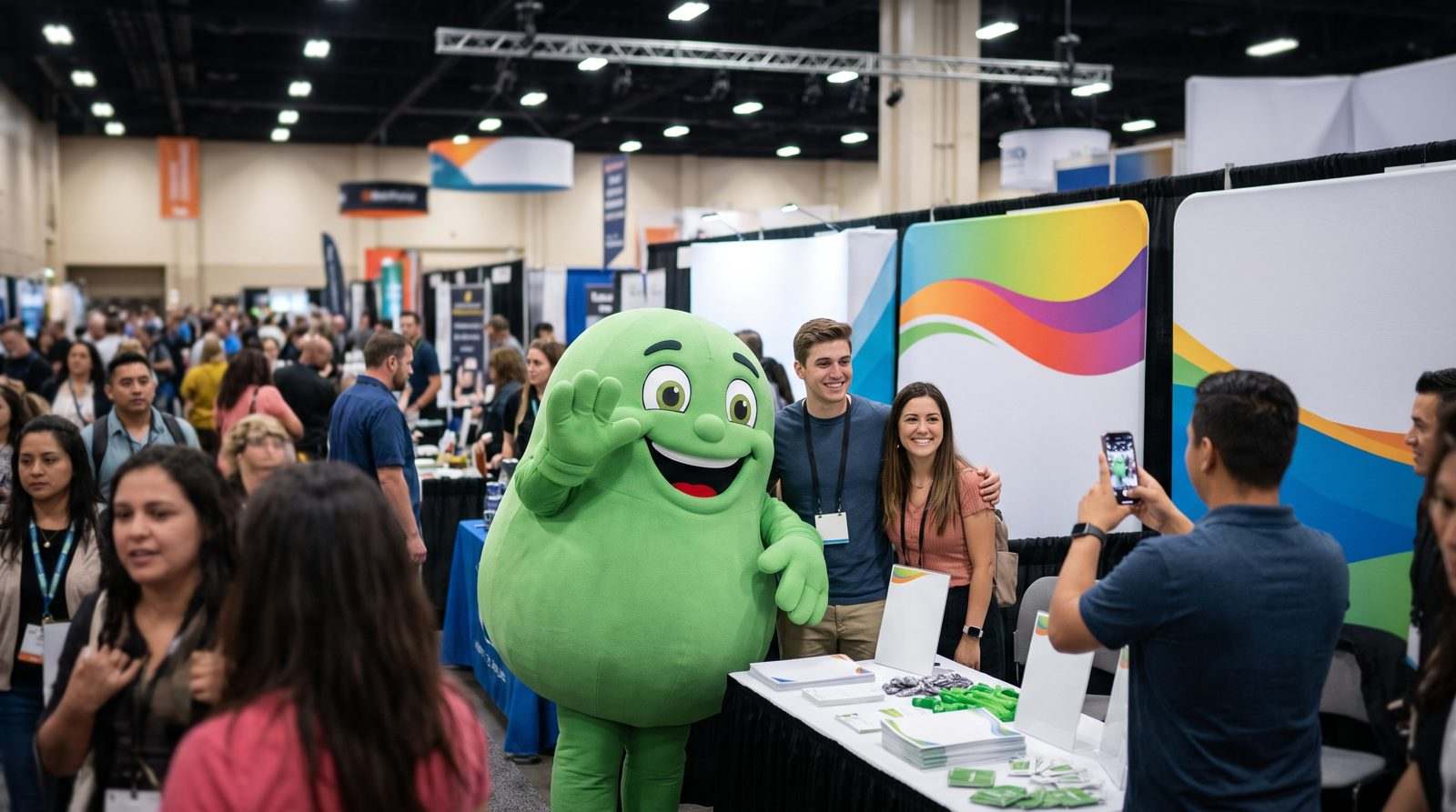Blue monster mascot costume waving at a trade show booth