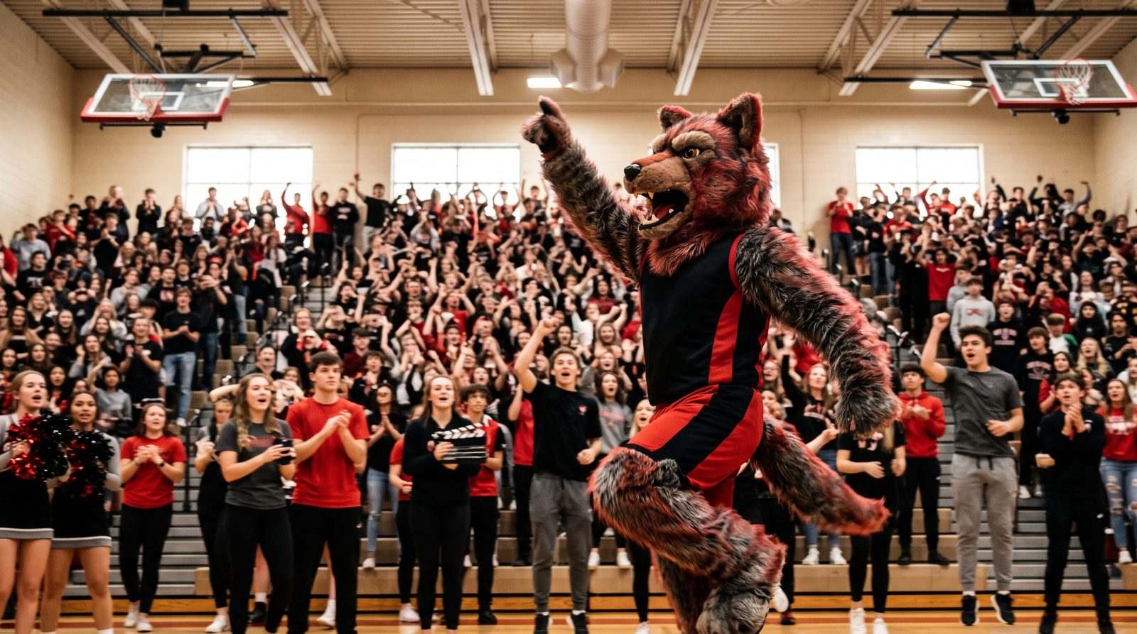 Bulldog mascot costume with a cheer squad in a school gym