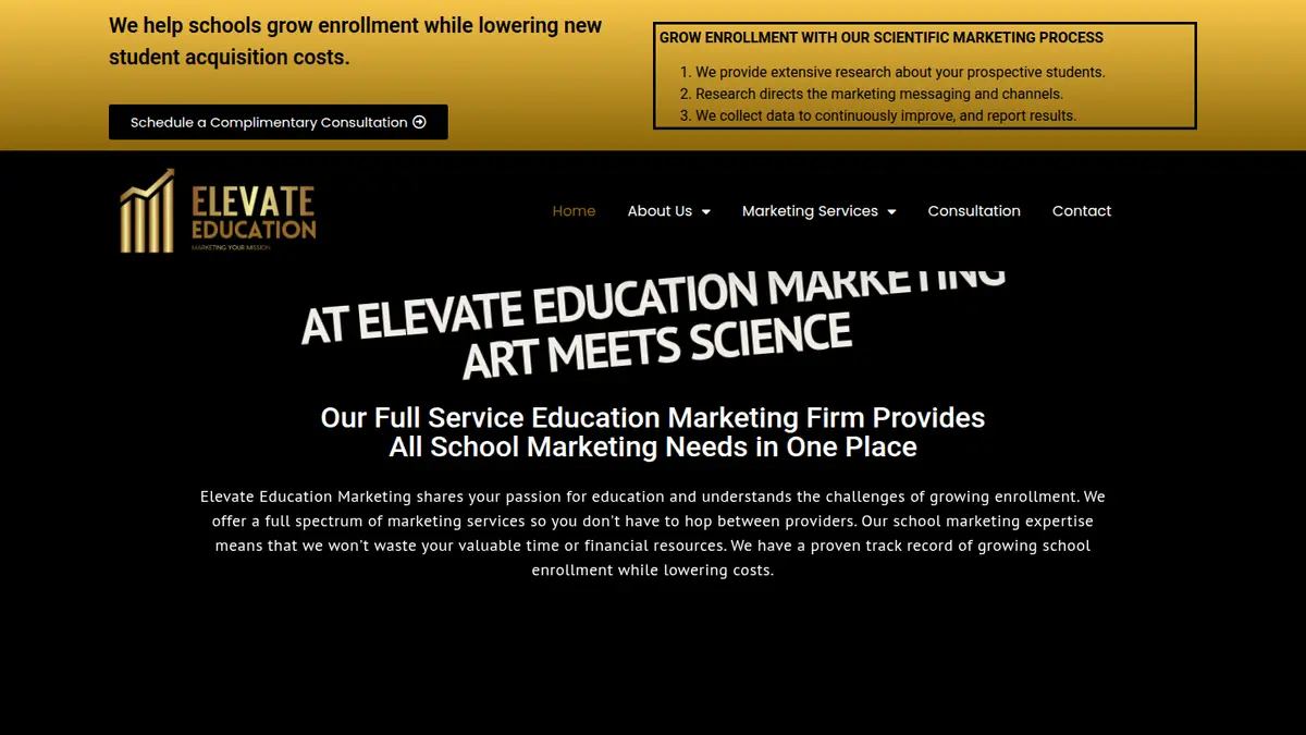Elevate Education Marketing homepage, elevateeducation.marketing, September 2026