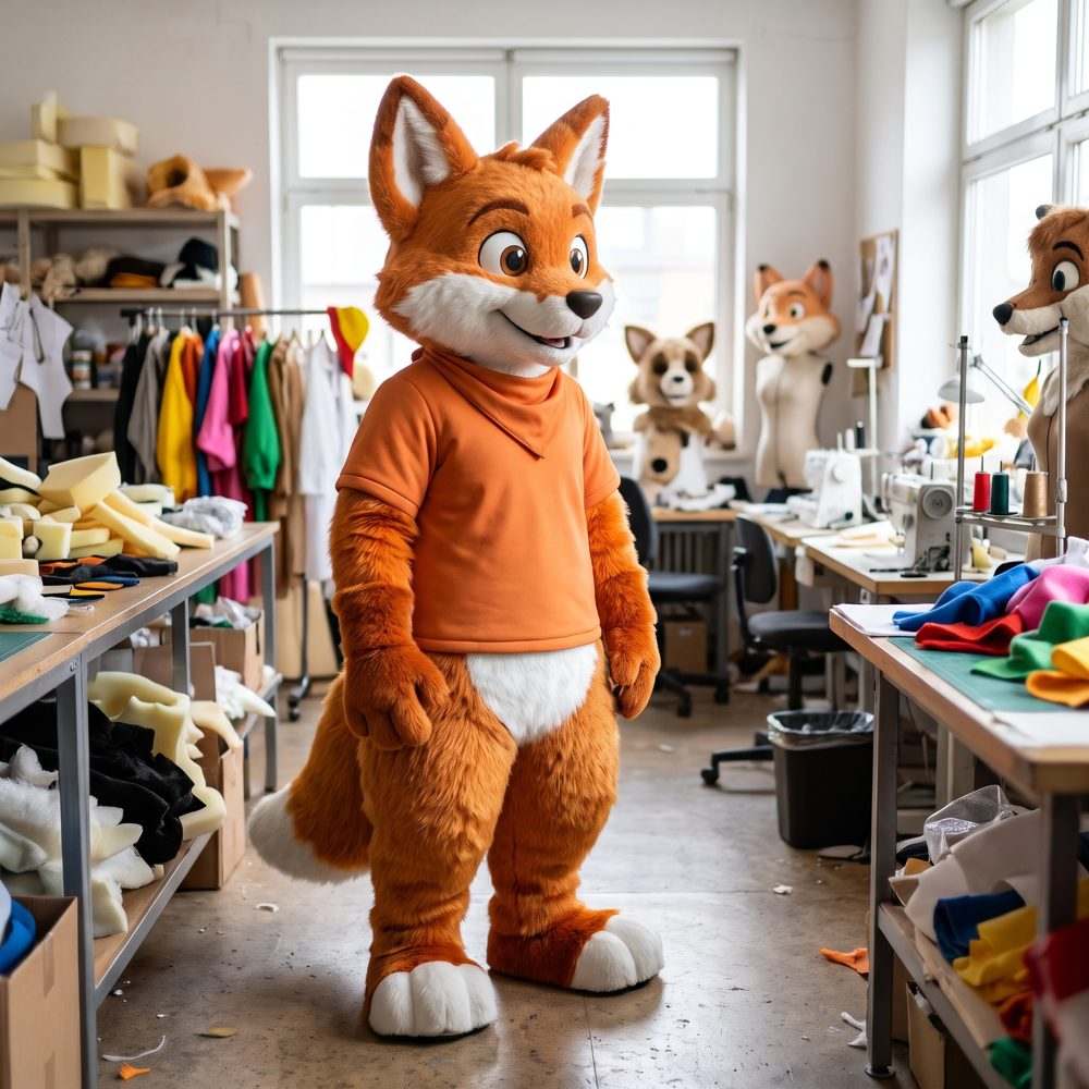 Finished blue bulldog mascot costume standing in a workshop