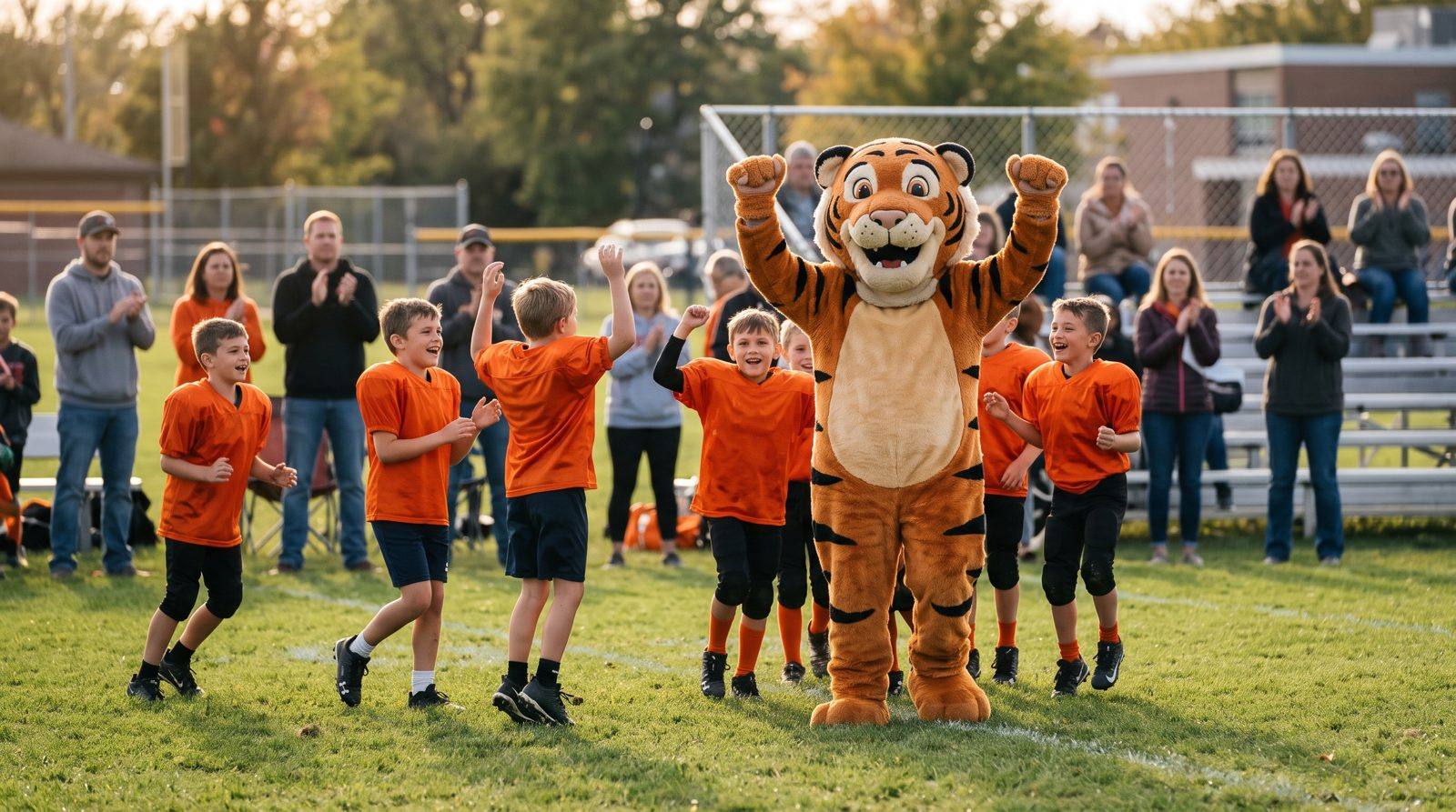 Bulldog mascot costume on a youth football sideline at night