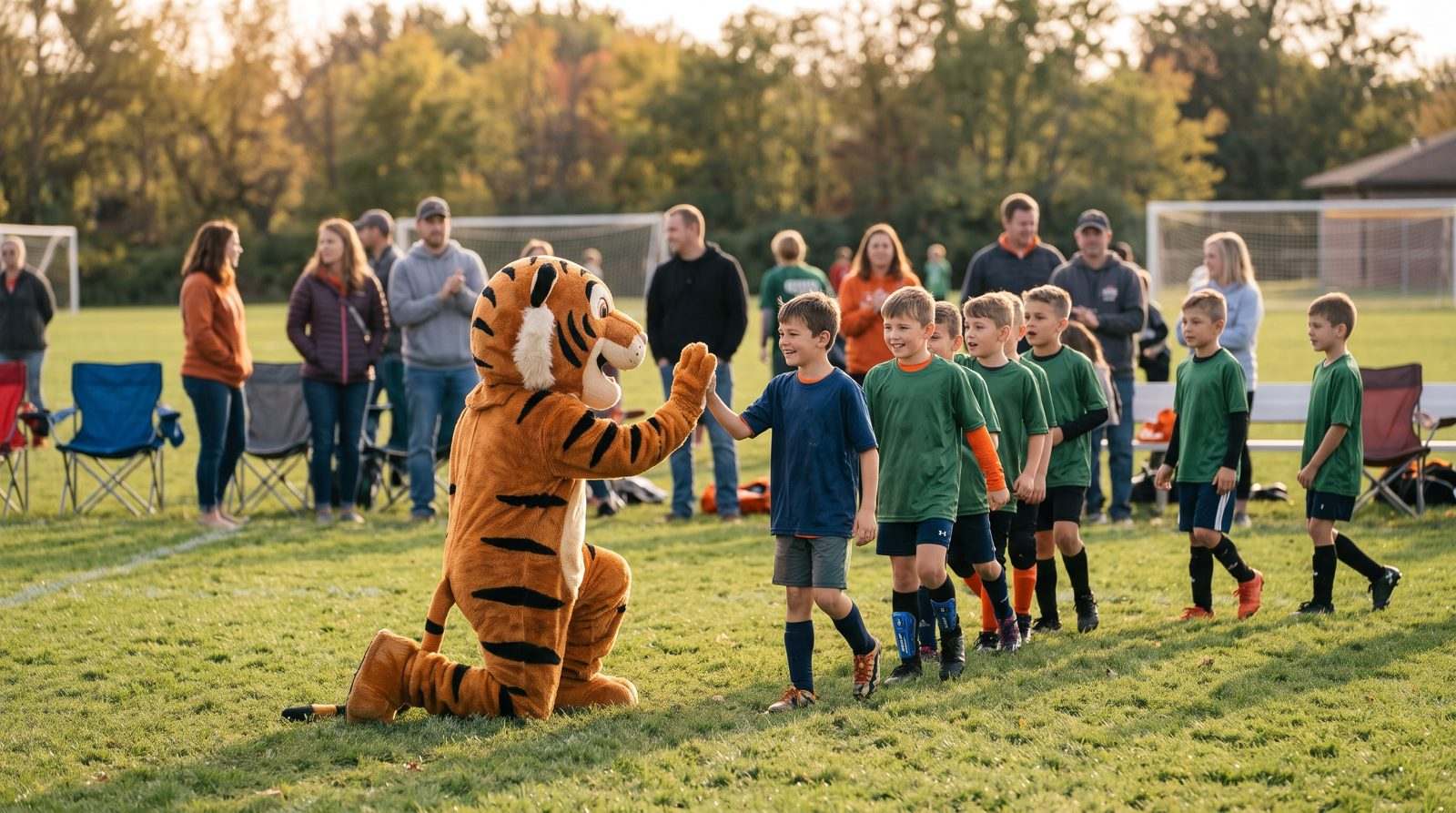 Bulldog mascot costume high-fiving a child in a yellow jersey