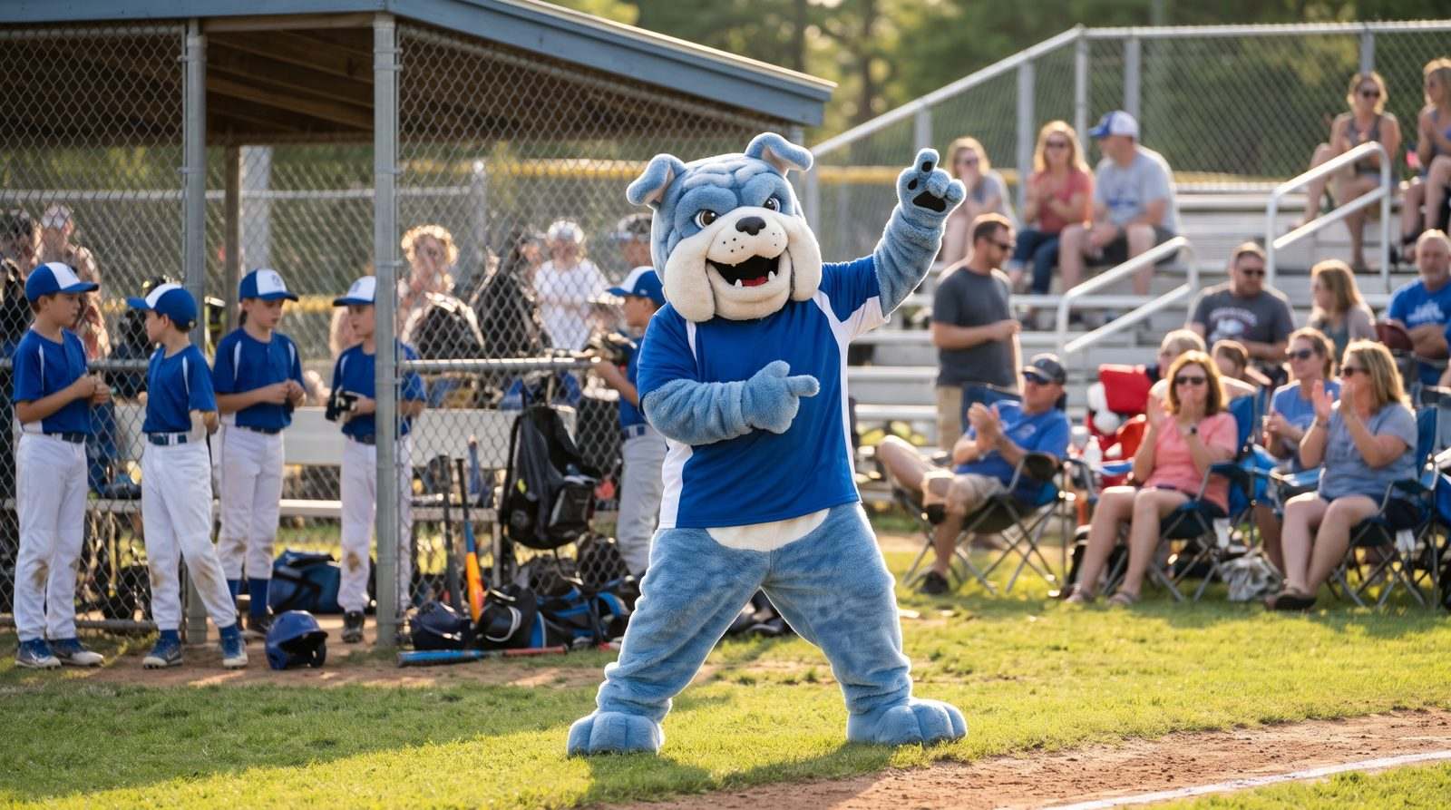 Bulldog mascot costume with a player on a night football sideline