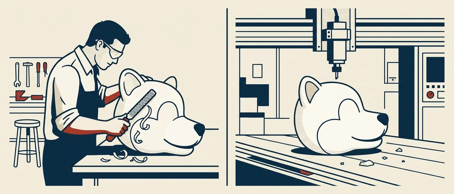 Two panels. On the left a maker shapes a foam mascot head with a hand rasp at a workbench, shavings falling away. On the right the same head sits on a machine bed under an overhead gantry, with a sculpting spindle descending toward it.