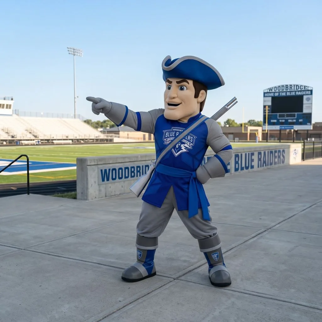 The Blue Raider brought to life as a custom mascot costume - the colonial Raider in tricorn hat and royal blue tunic, crest on the chest, rallying the crowd on the Blue Raiders’ home field