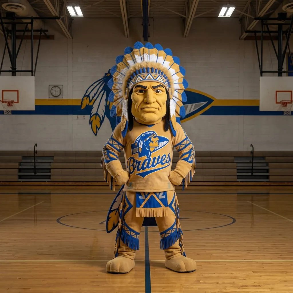 The Braves warrior brought to life as a custom mascot costume - full blue-and-gold feathered headdress and fringed regalia over a "Braves" script jersey, front and center on the home court beneath the gym mural.