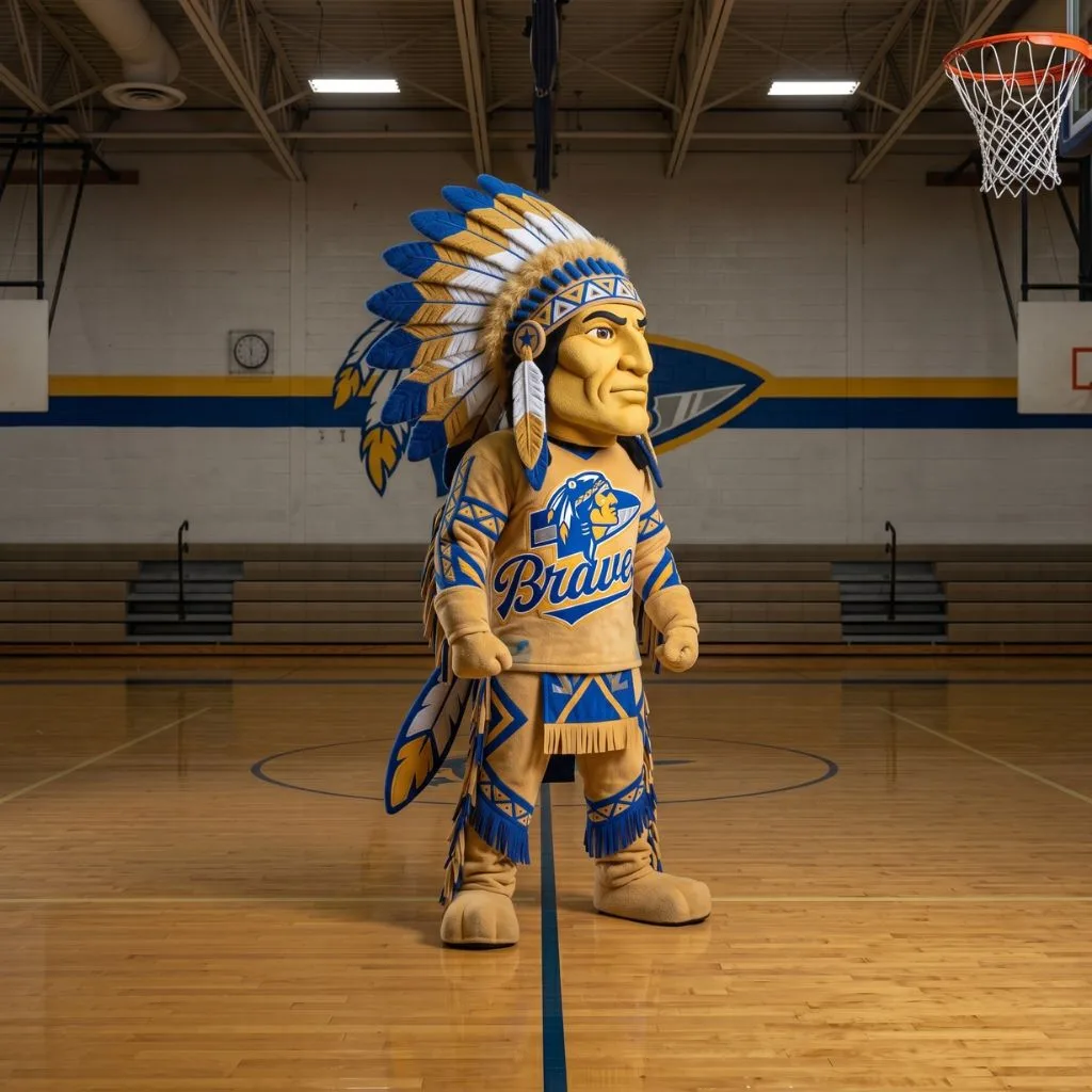 The same Braves mascot costume shown in profile - headdress plumes, fringed detailing and the "Braves" jersey seen from the side, ready for game-day appearances and pep rallies in the gym.