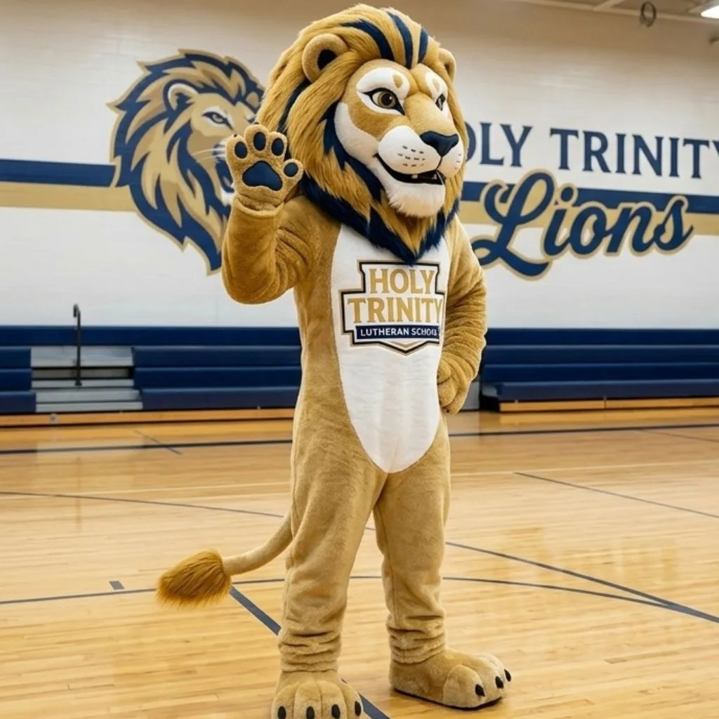 Lion mascot waving to students in the school gym