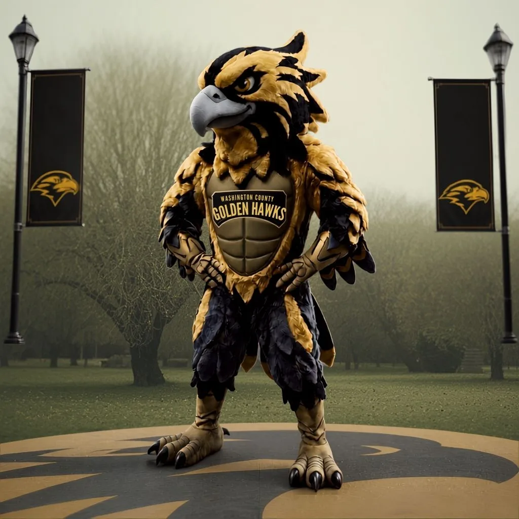 Golden Hawks mascot on the plaza between school banners