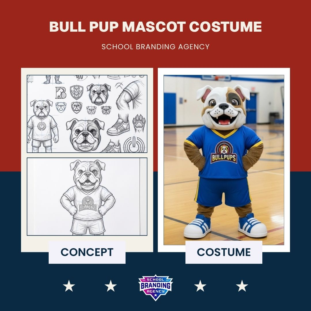 Bullpup mascot concept art and finished school costume