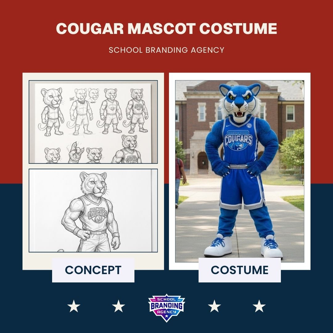 Cougar mascot: original concept art beside the finished school costume