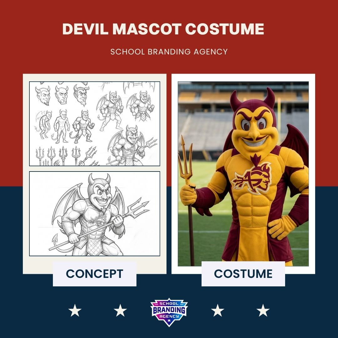 Devil mascot concept art and finished school costume