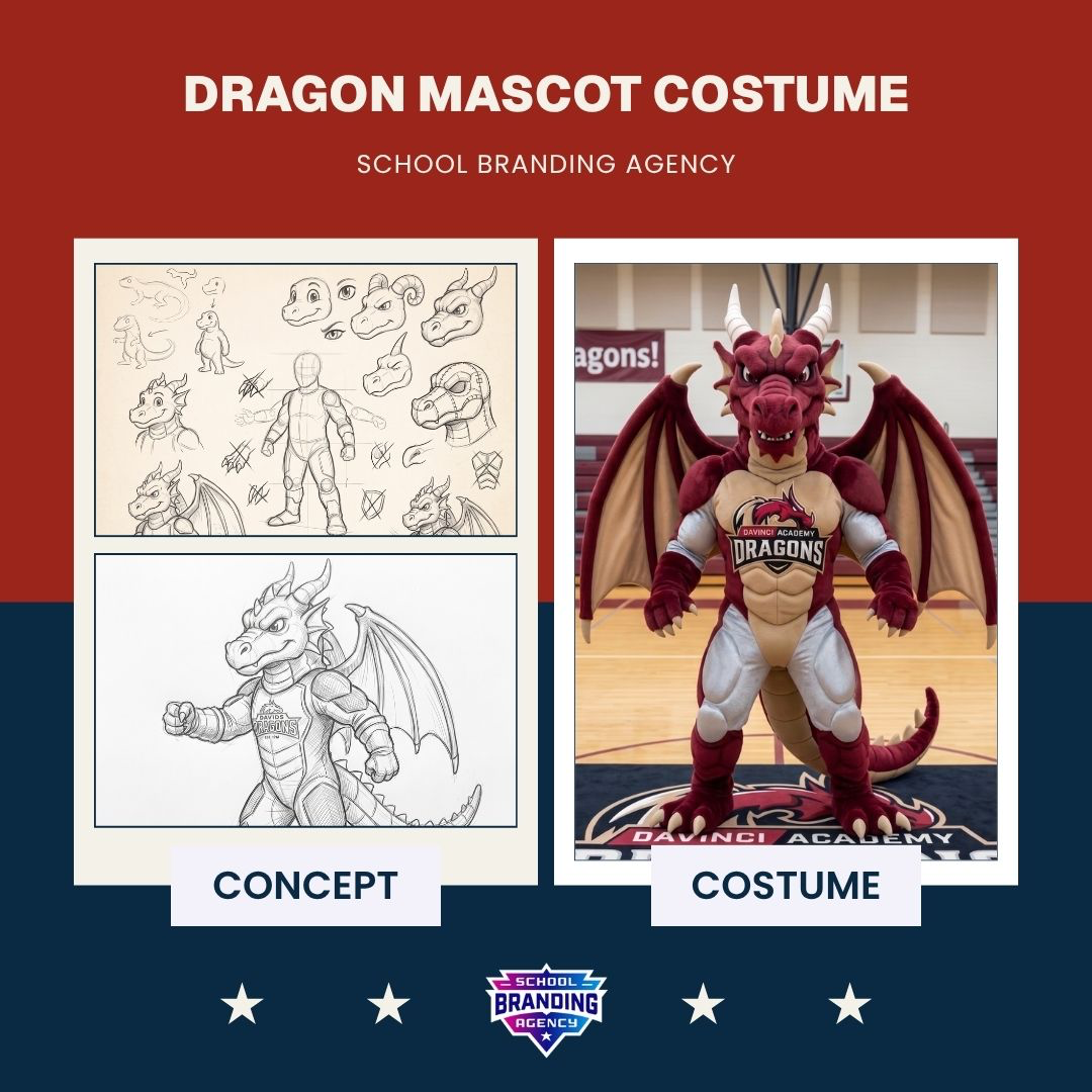 Dragon mascot: original concept art beside the finished school costume