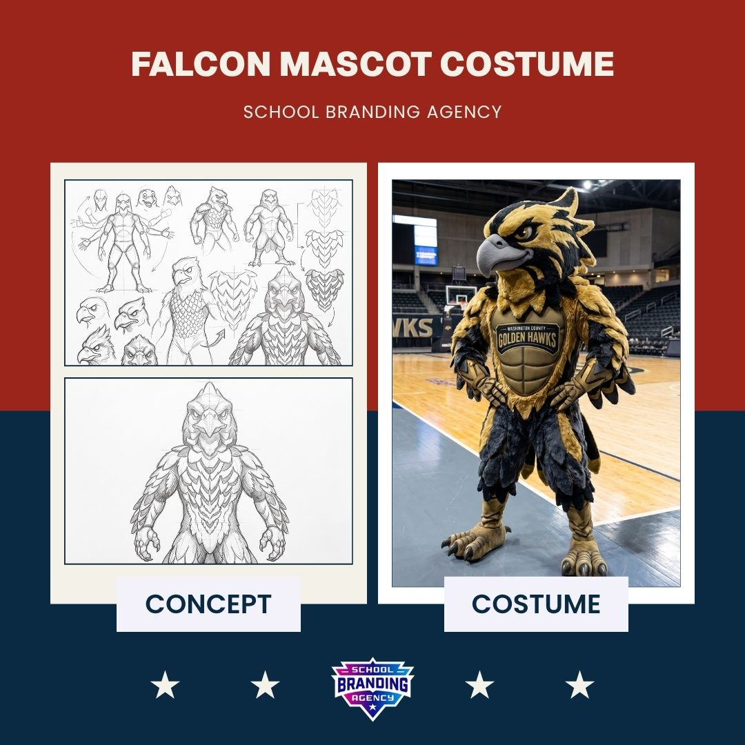 Falcon mascot concept art and finished school costume