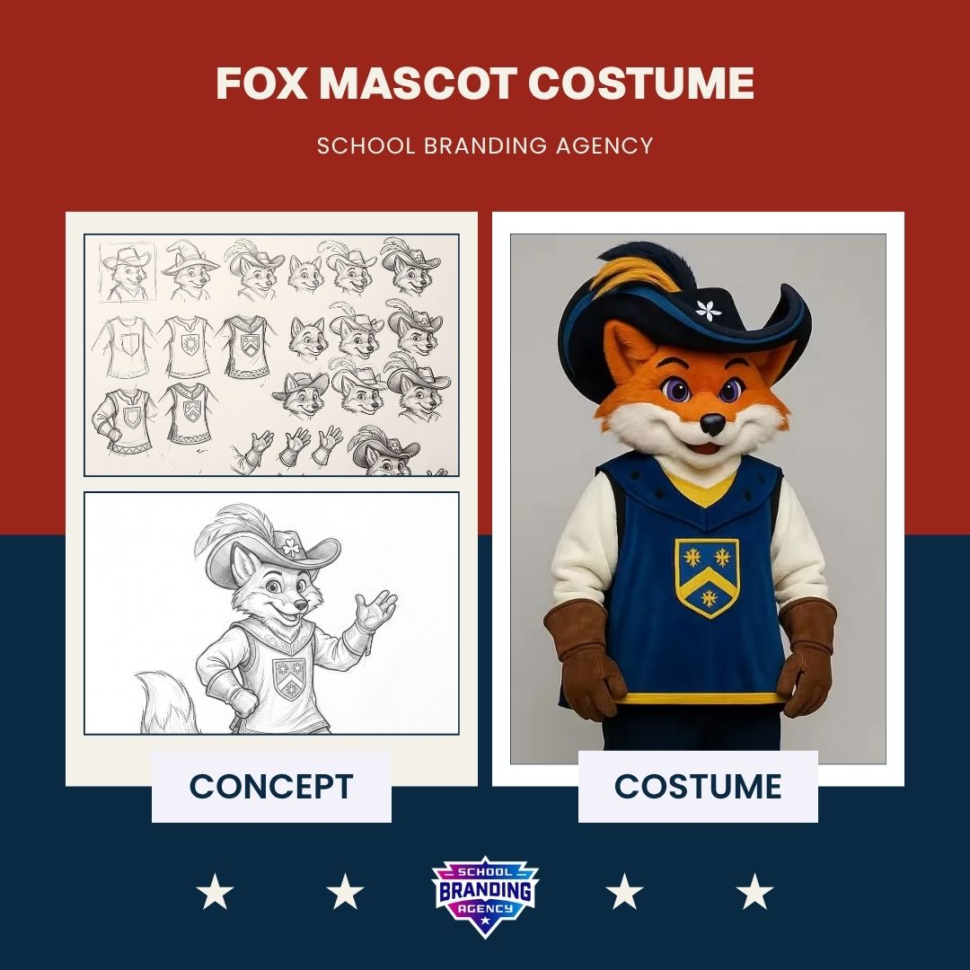 Fox mascot concept art and finished school costume