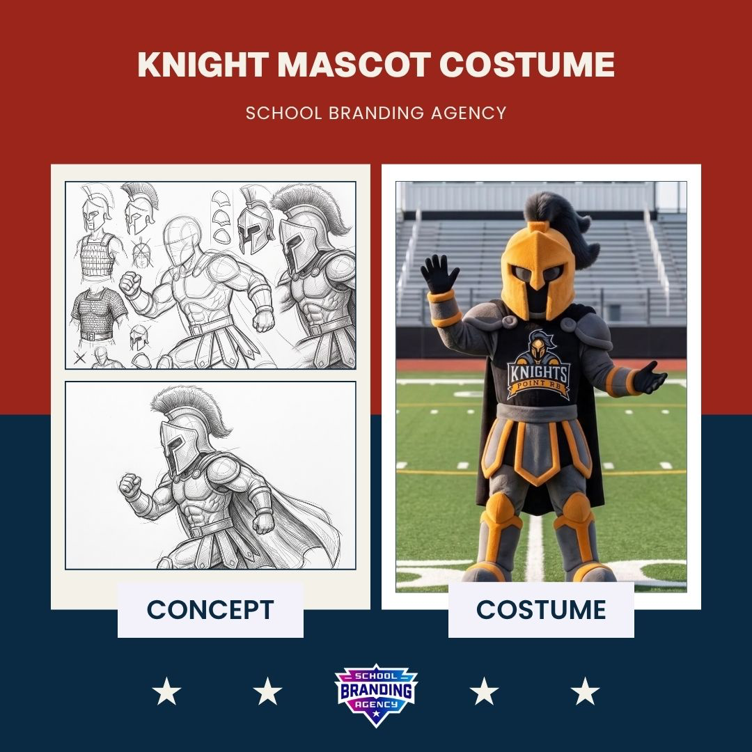 Knight mascot: original concept art beside the finished school costume