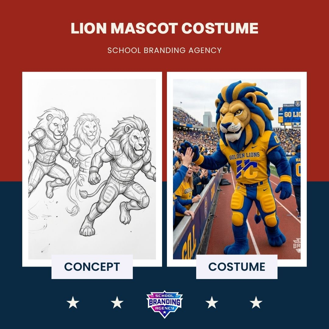 Lion mascot: original concept art beside the finished school costume