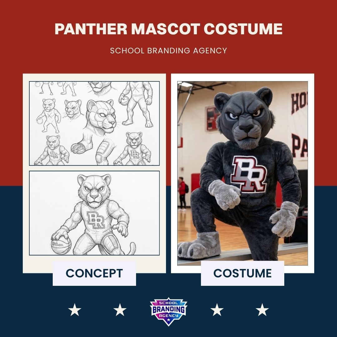 Panther mascot: original concept art beside the finished school costume