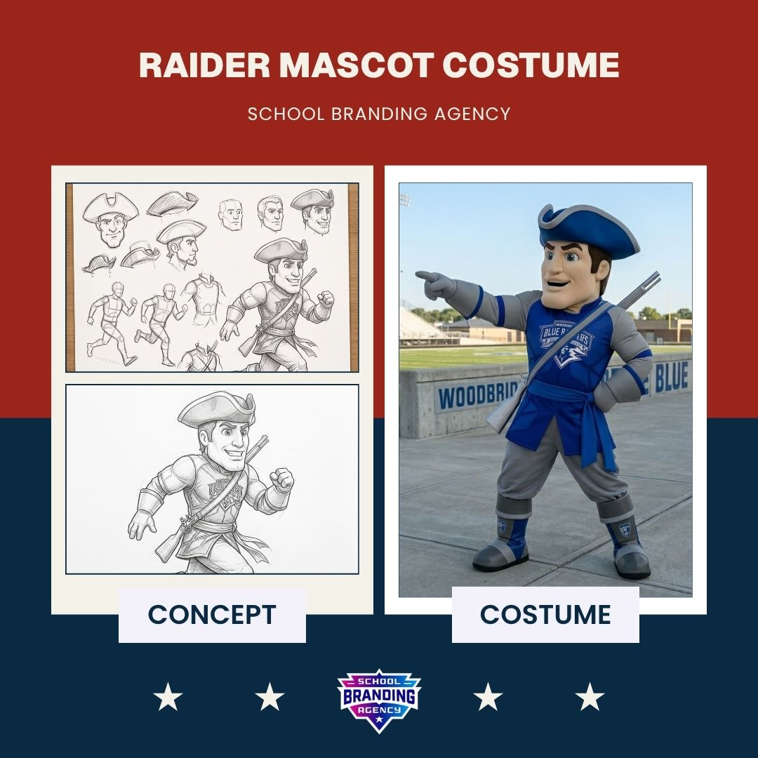 Raider mascot concept art and finished school costume