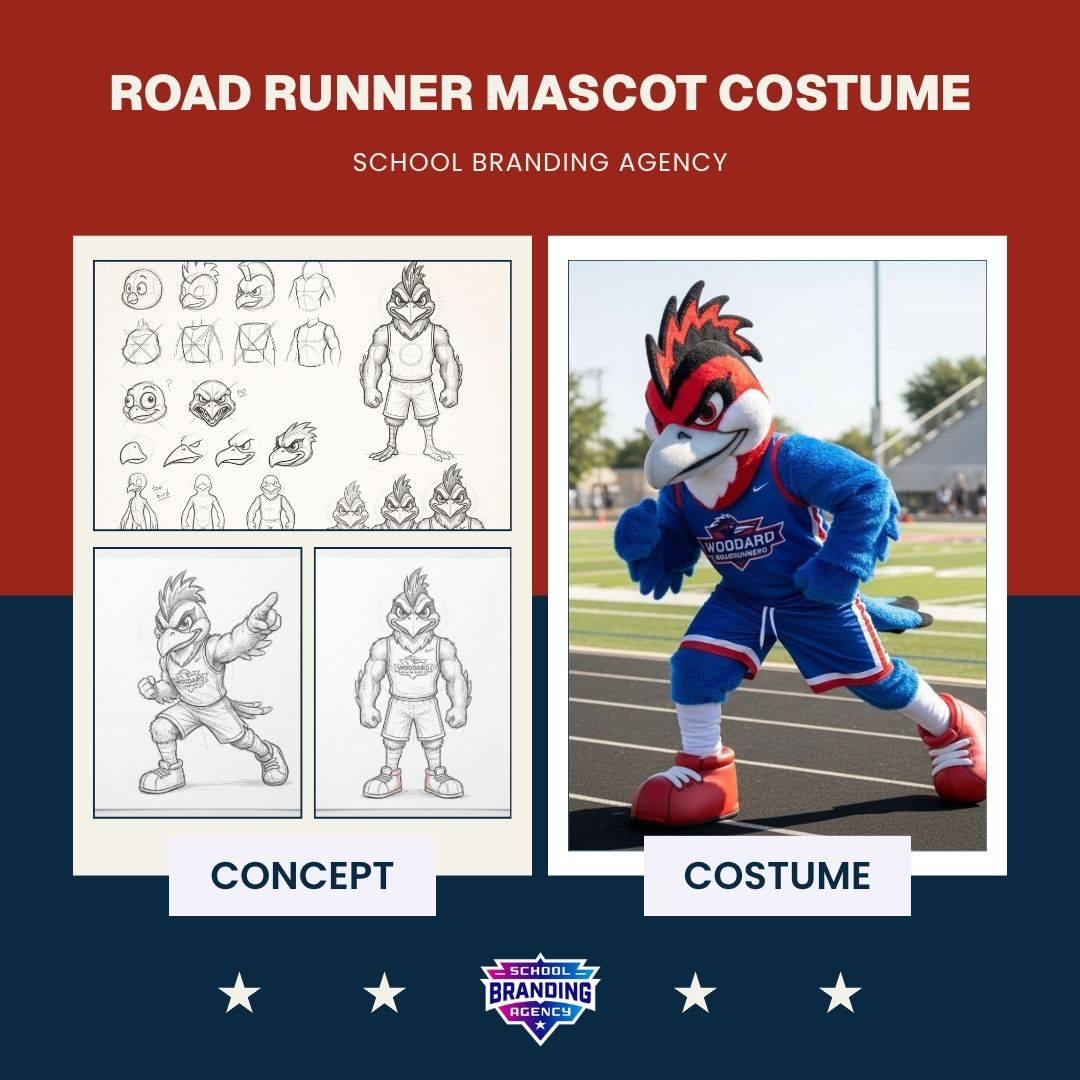 Roadrunner mascot concept art and finished school costume