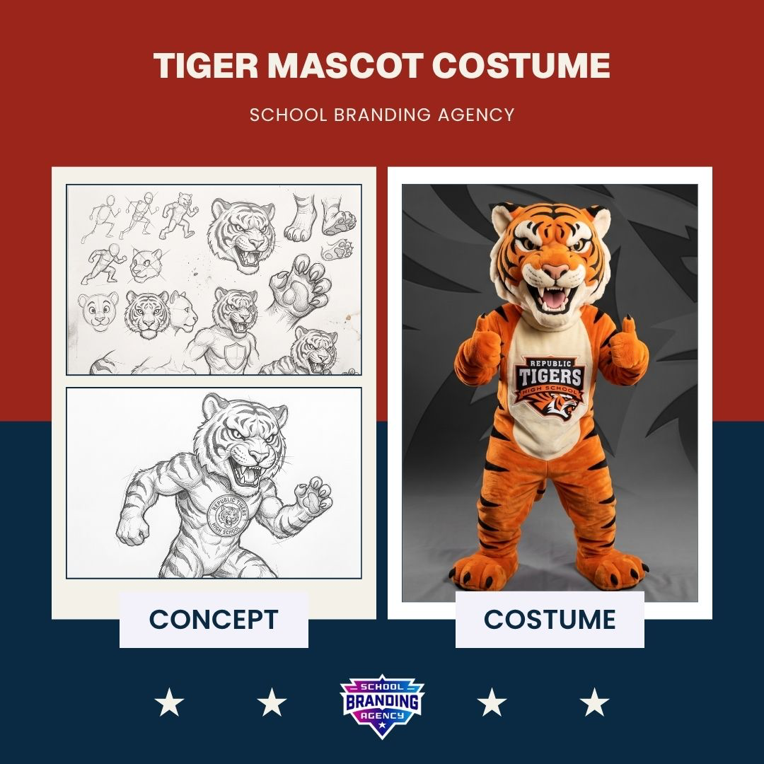 Tiger mascot concept art and finished school costume