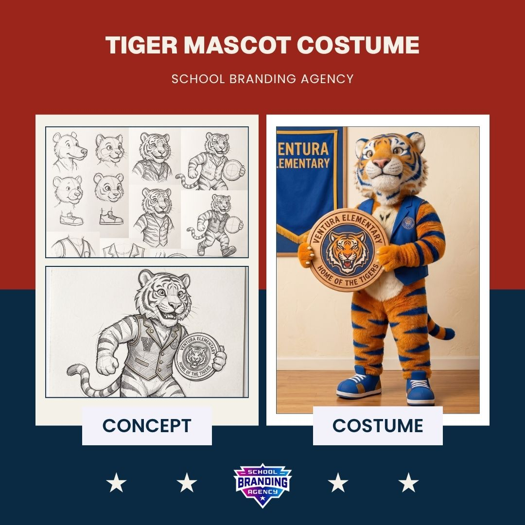 Tiger mascot: original concept art beside the finished school costume