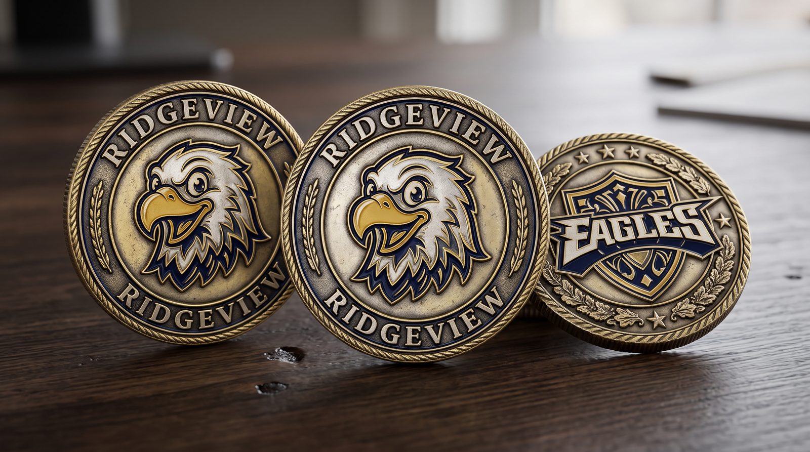 A metal challenge coin with a mascot on each side.