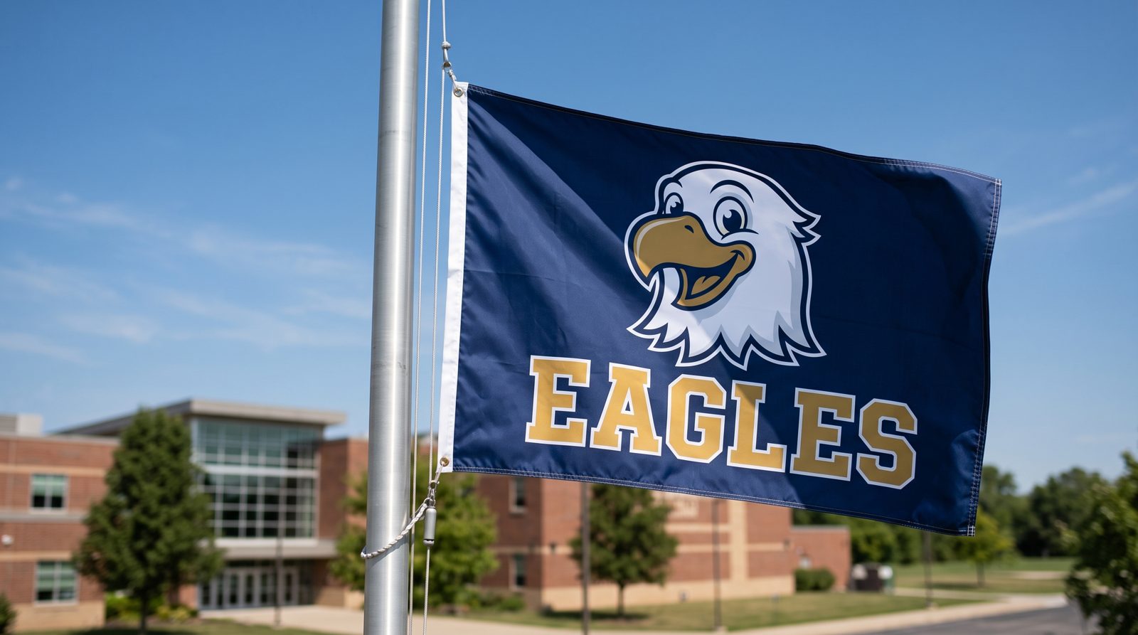 Navy eagle flag on a school flagpole