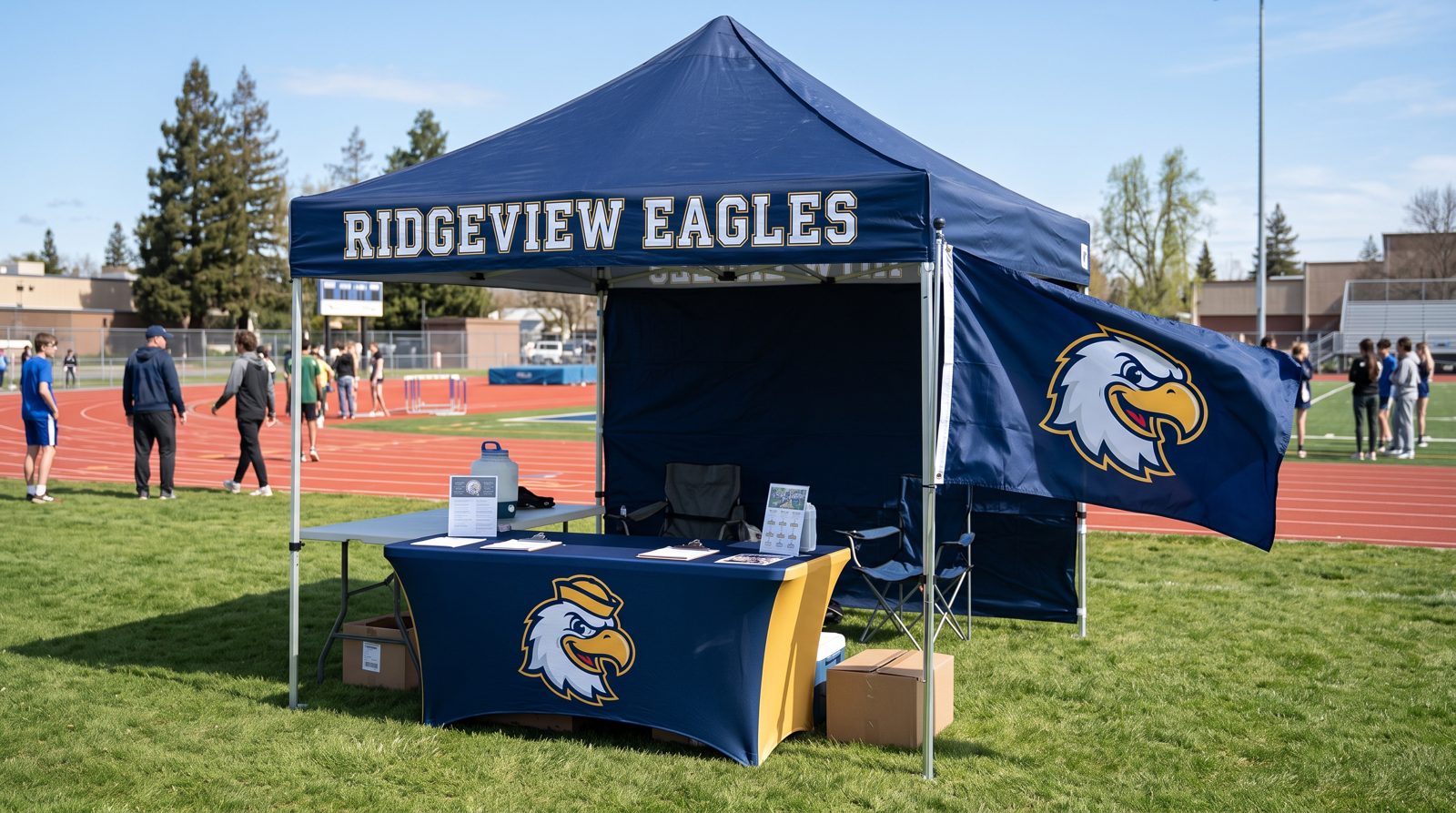 A mascot flag, a fitted table cover, and a canopy tent.