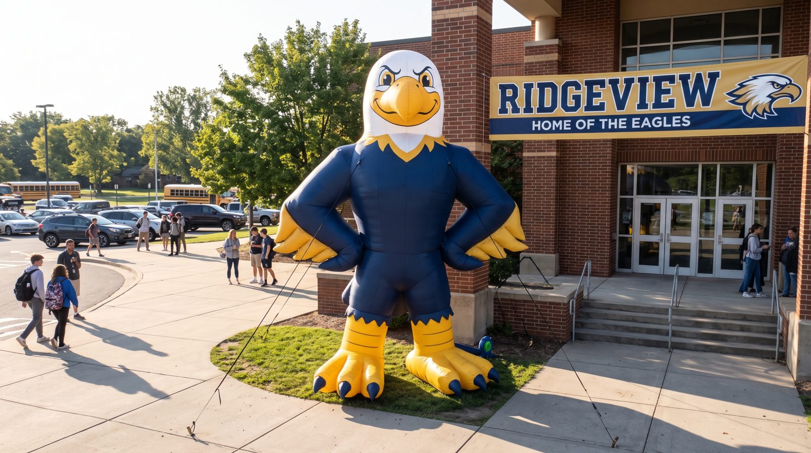 A standing inflatable mascot display.