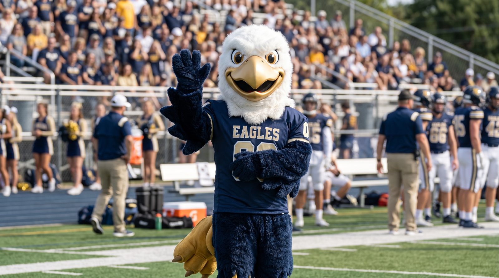 Walk-around eagle mascot costume waving on a football sideline