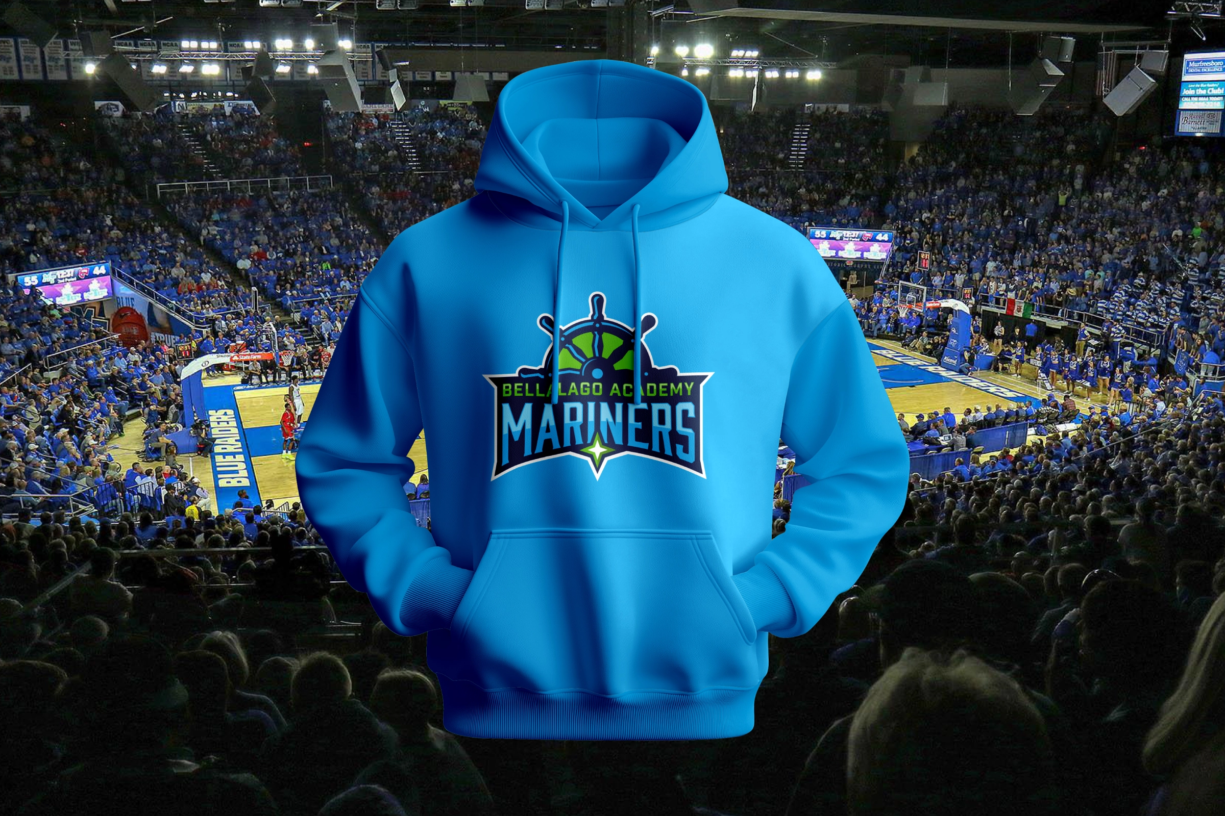 Electric‑blue hoodie with Mariners crest—game‑night spirit wear presentation