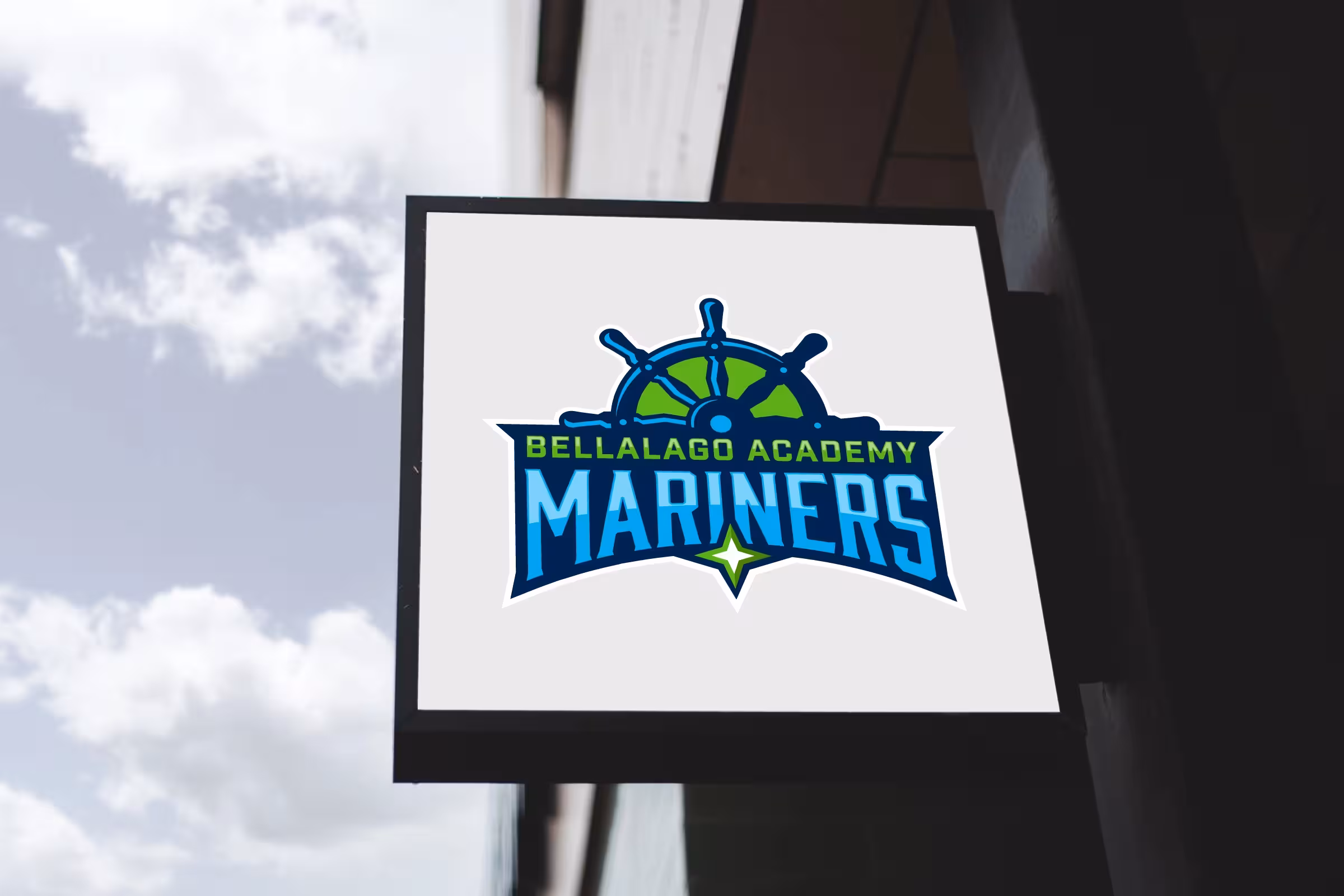 Exterior blade sign—nautical wheel mark on white field for corridor/entrance wayfinding