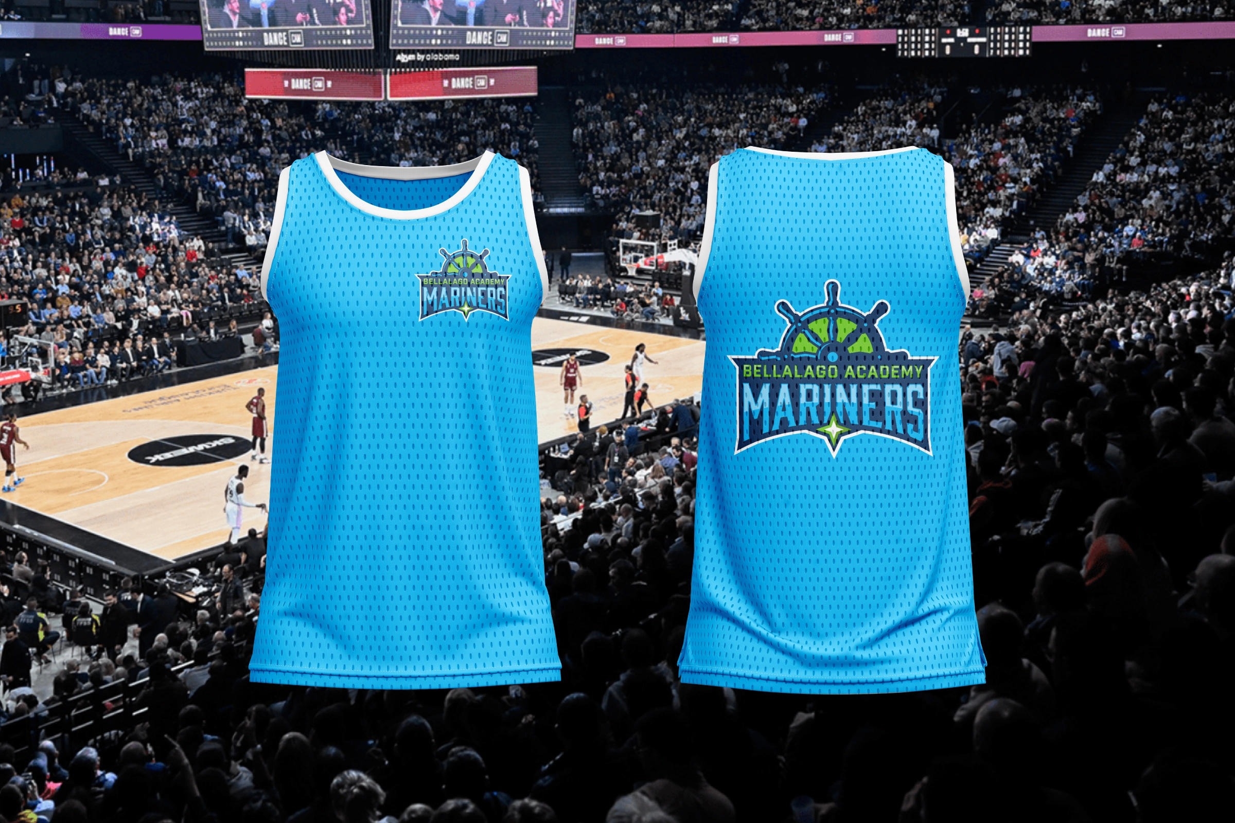 Basketball jersey set—front chest micro crest and full back crest for athletics