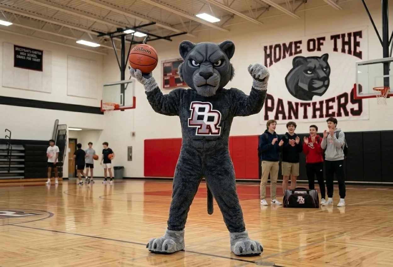 The finished Panther mascot costume on the gym floor, palming a basketball under the 'Home of the Panthers' banner - the logo brought to life as a full costume for game days and school events