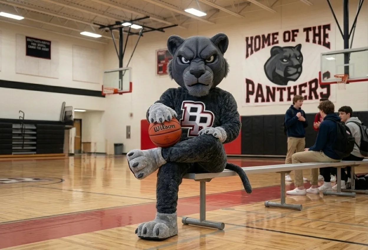 The Panther costume seated courtside with a basketball and the BR chest logo - shows the character's proportions and the school colors carried from the mark onto the suit