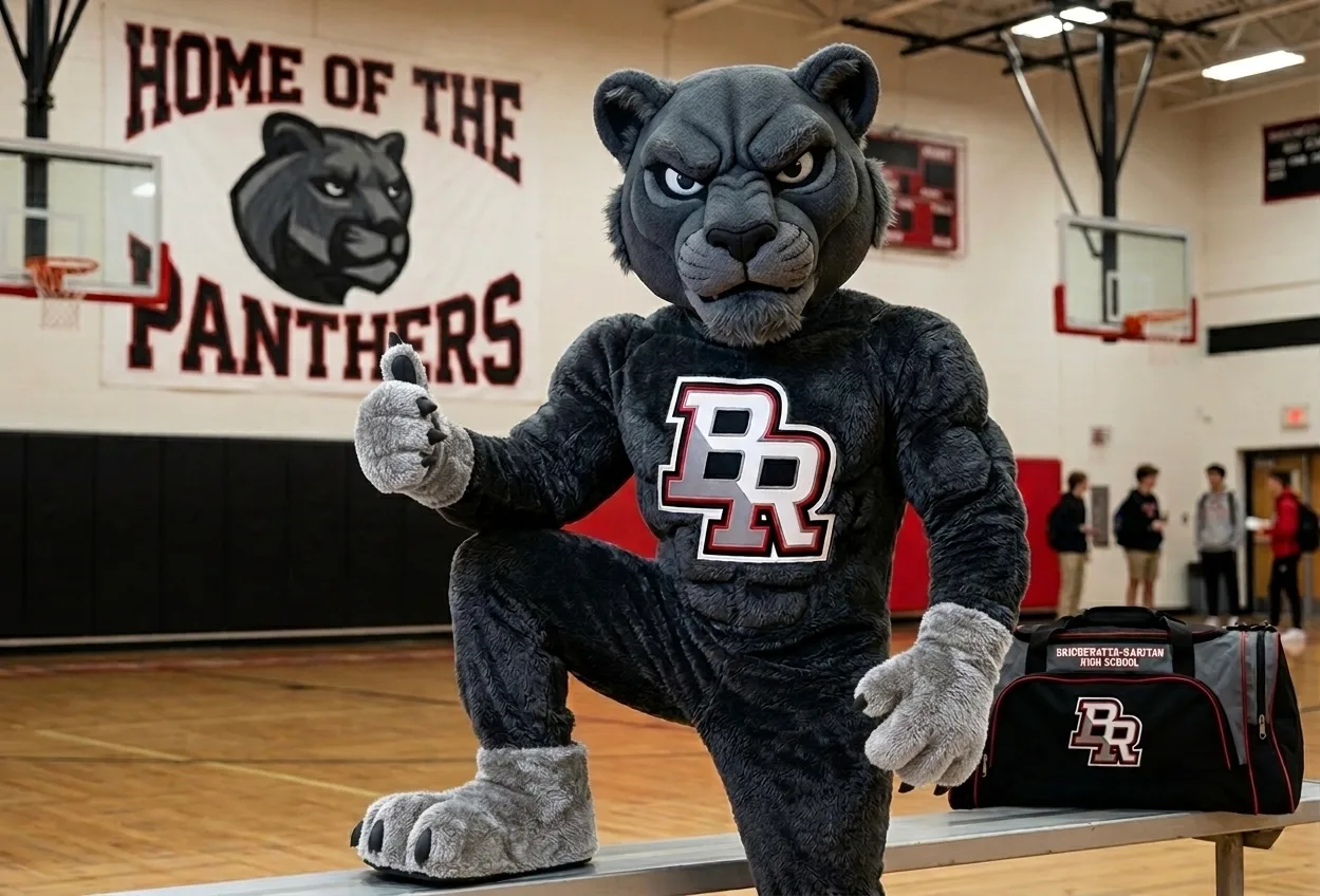 The Panther costume giving a thumbs up beside a branded BR duffel bag - the mascot and spirit gear working together as one identity at Bridgewater-Raritan High School