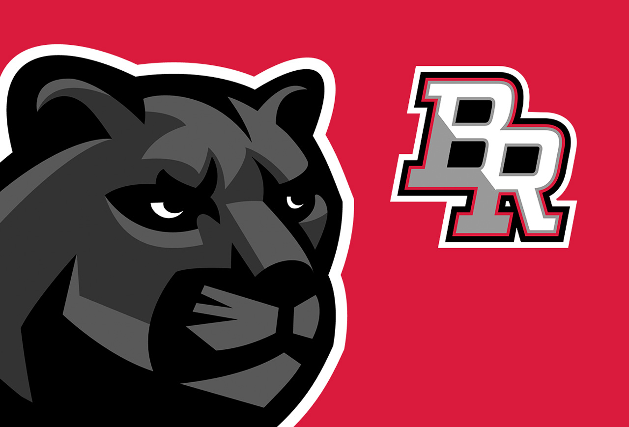 Hero graphic: detailed panther illustration alongside BR monogram on Championship Red field—demonstrates mascot character style and brand color impact