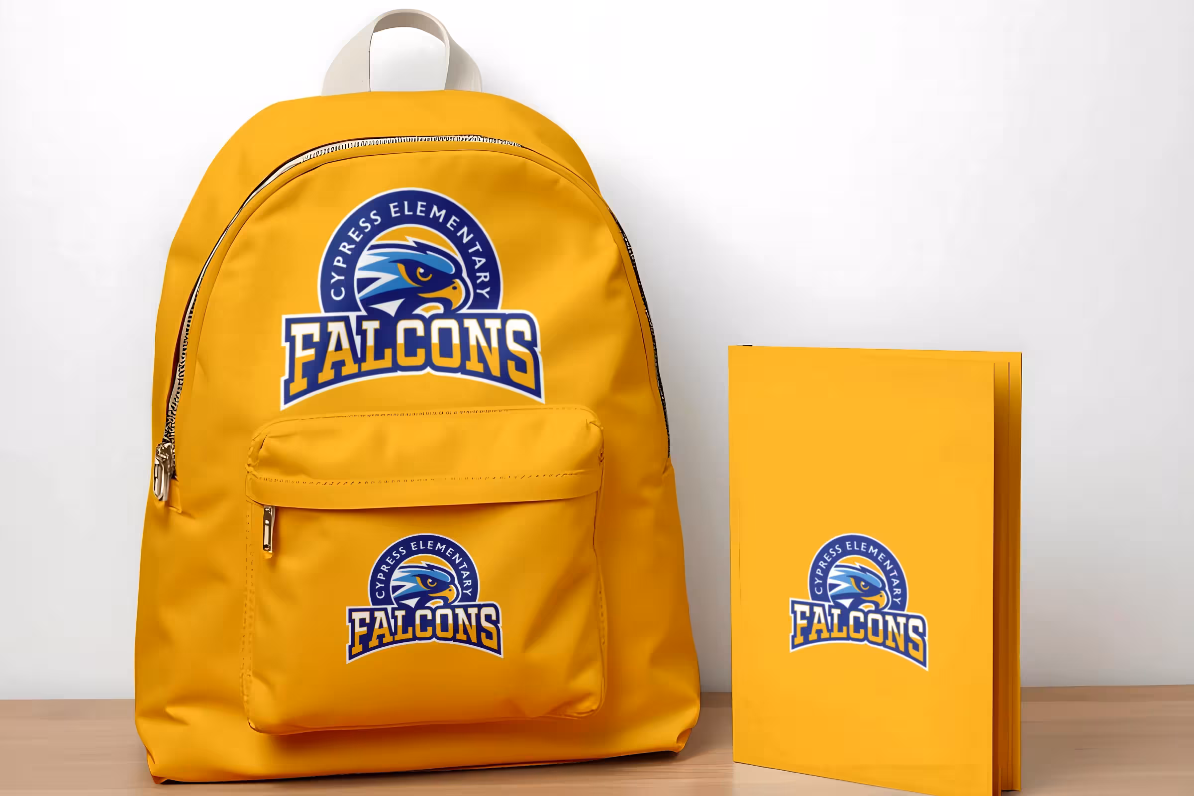 Student gear set—gold backpack and notebook featuring the Falcons crest; everyday applications for school merchandise