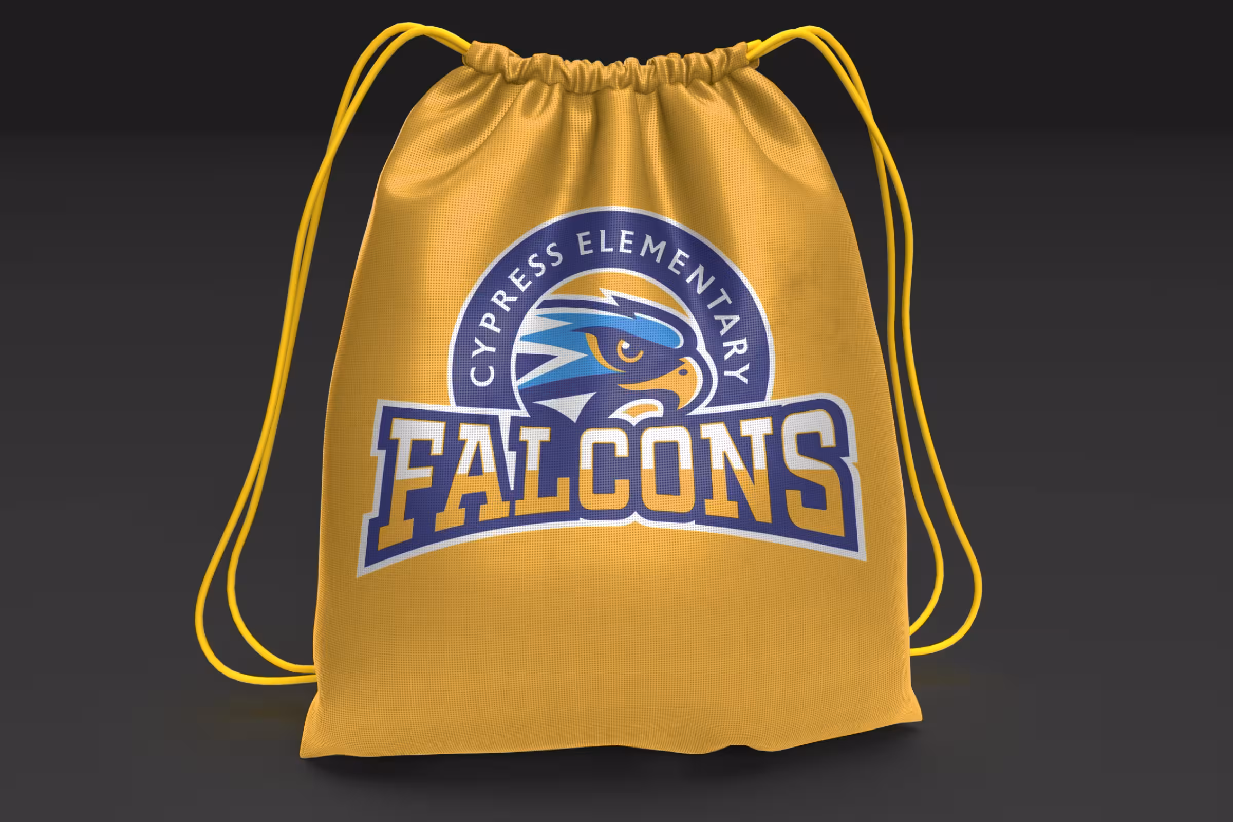 Gold drawstring PE bag with oversized Falcons badge—durable single‑color friendly print treatment for athletics and events
