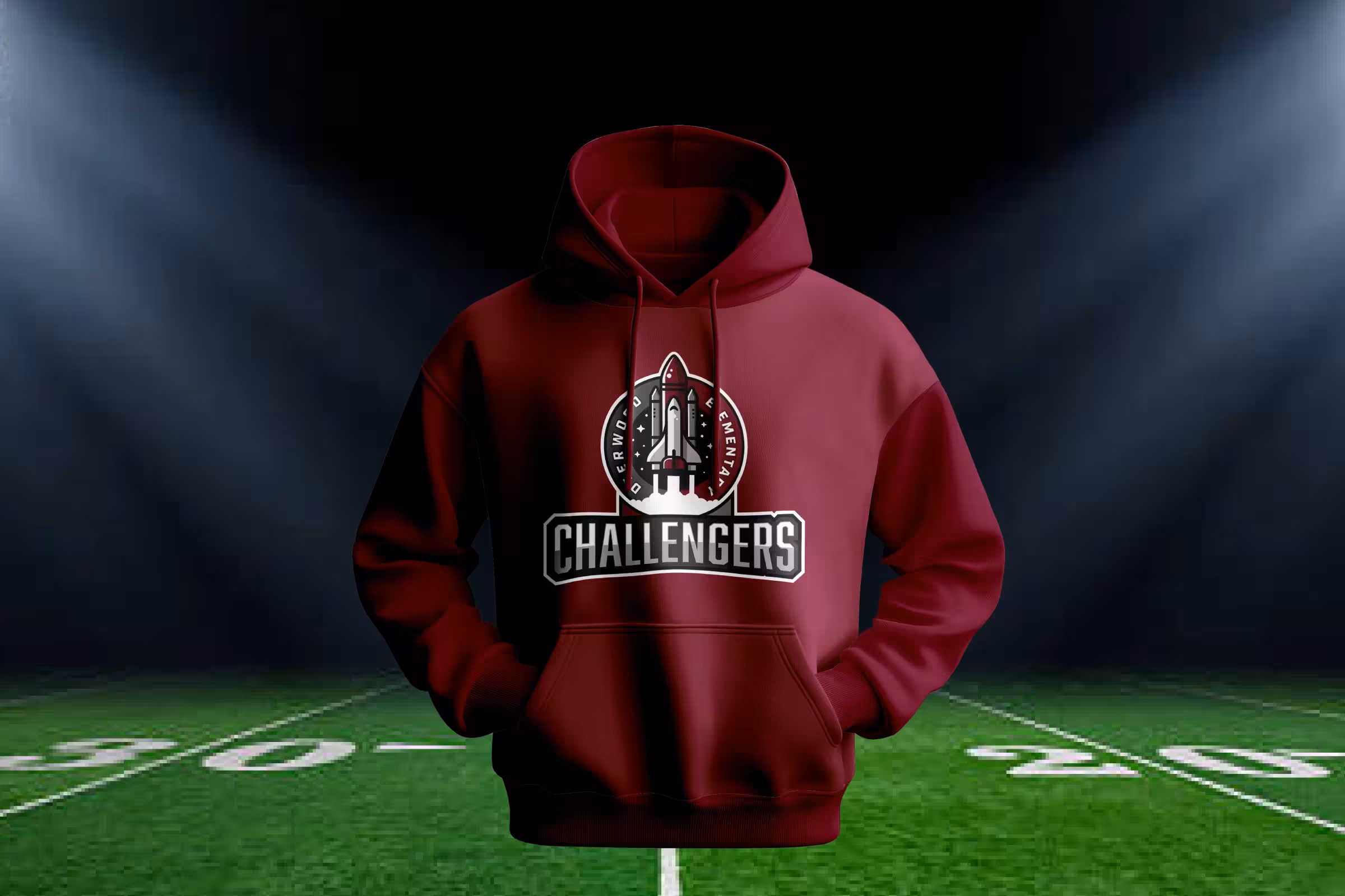 Burgundy hoodie with embroidered/screen‑printed Challengers crest—game‑night spirit wear presentation