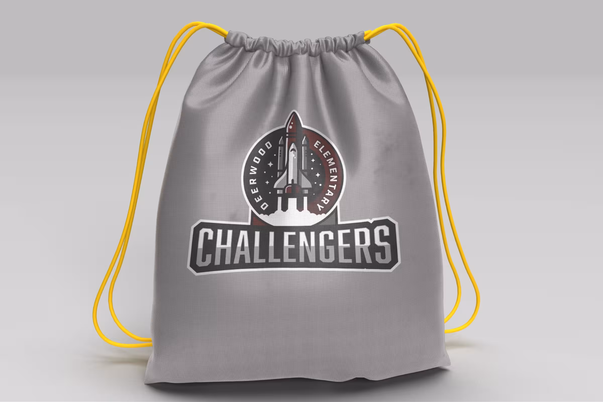 Gray drawstring PE bag with large Challengers mark—durable single‑color friendly print for athletics