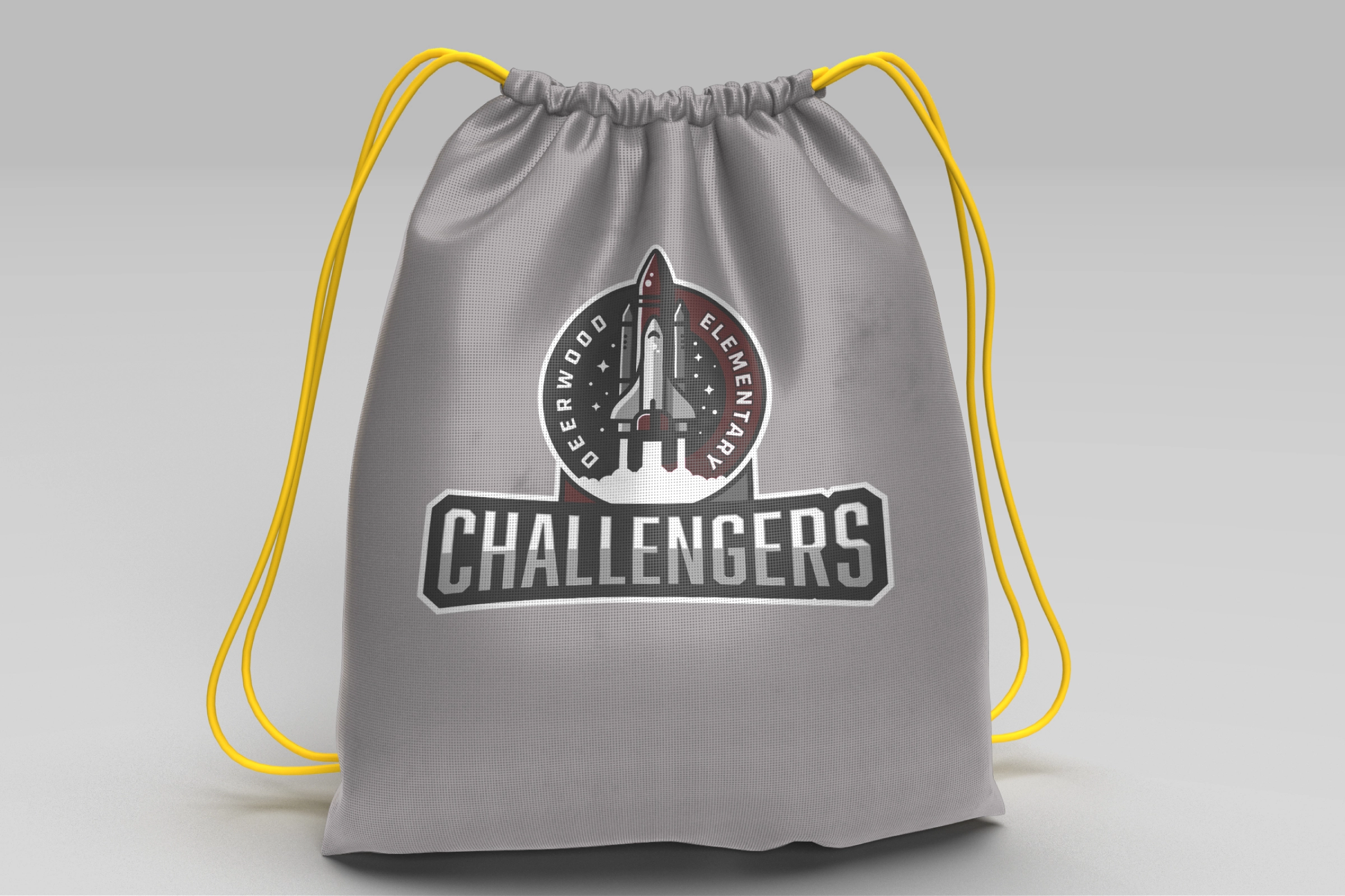 Gray drawstring PE bag with large Challengers mark—durable single‑color friendly print for athletics