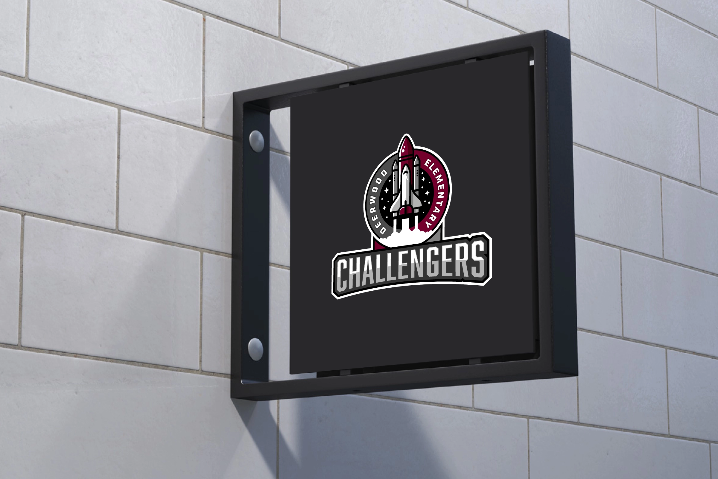 Interior blade sign—mission patch crest on dark panel for corridors/reception wayfinding