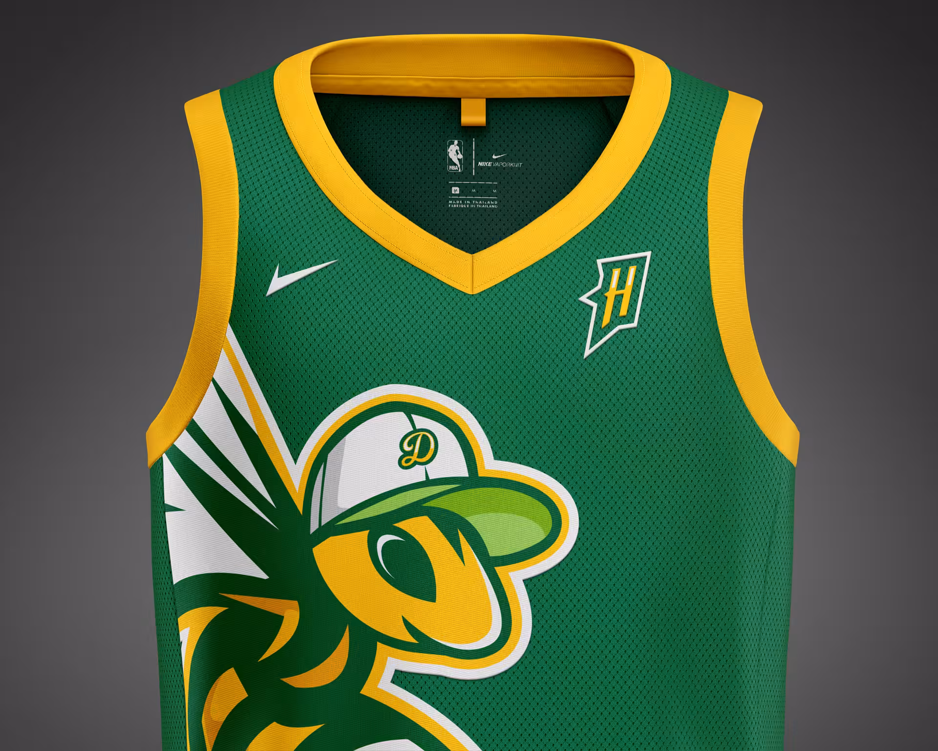 Nike basketball jersey mockup featuring the Dexter Hornets mascot in forest green and gold—the hornet character wears a signature 'D' baseball cap, creating an approachable, youth-friendly mascot design perfect for middle school athletic programs