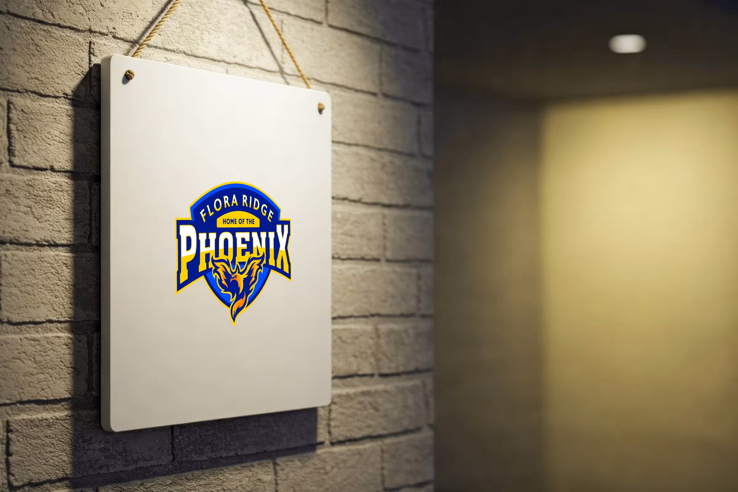 Interior hanging plaque—compact Phoenix badge on white panel for offices, reception and wayfinding