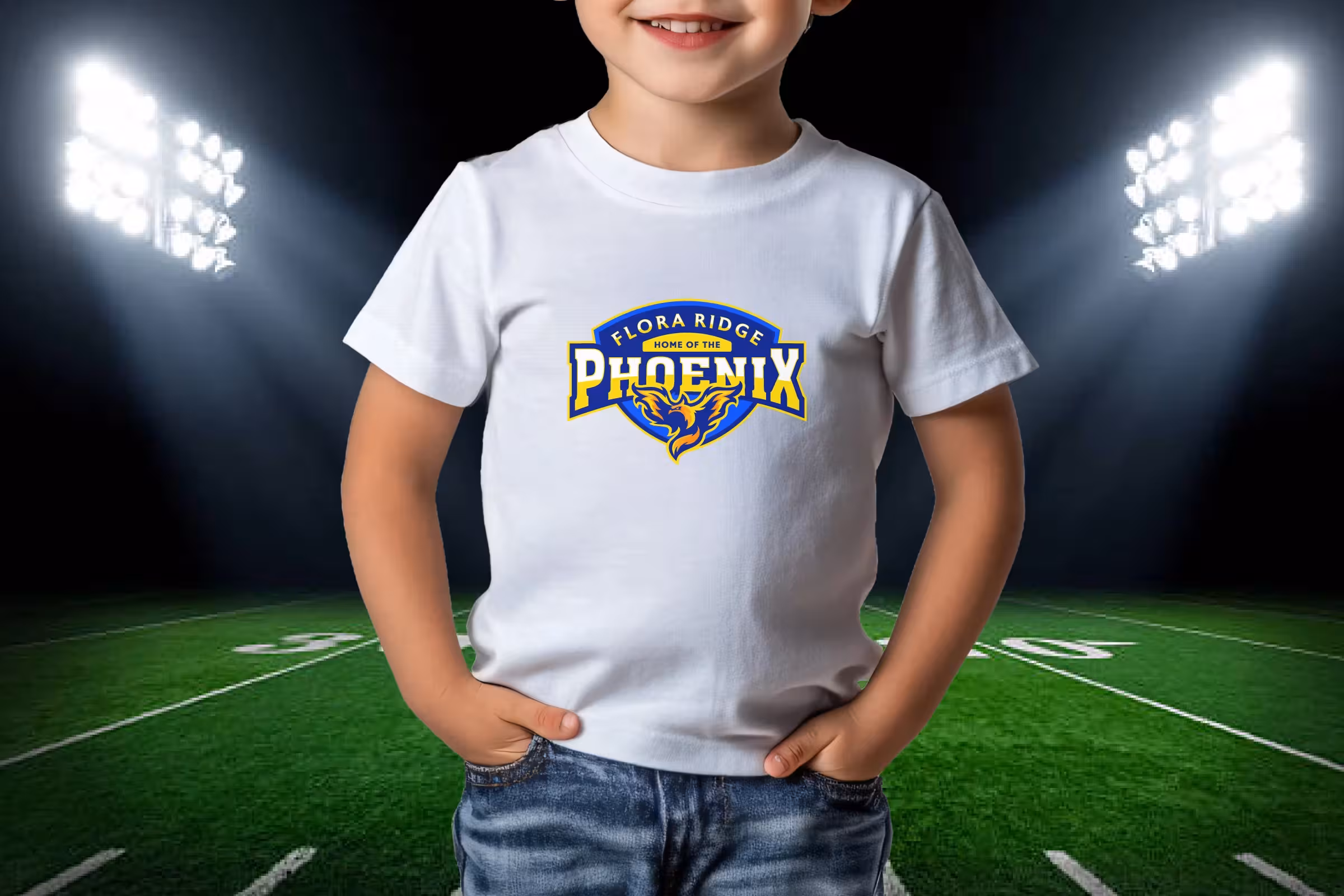 Youth tee mockup—center‑chest Phoenix crest on white shirt, stadium‑light background; spirit wear for students and families