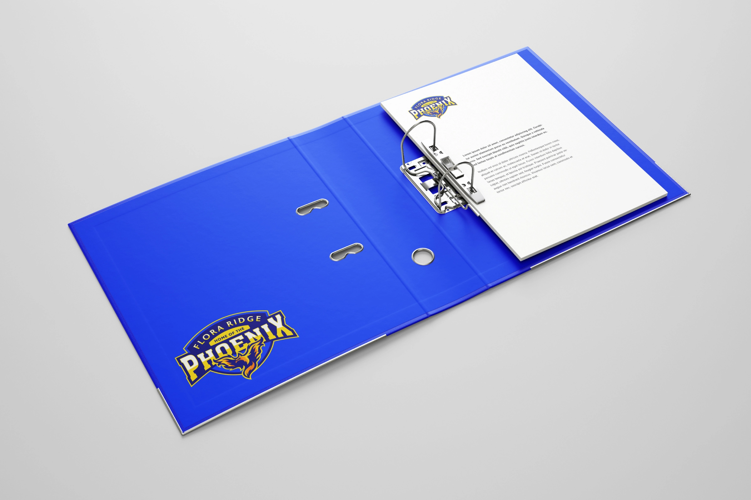 Branded binder system—Phoenix crest on royal blue ring binder and letterhead; administrative stationery application